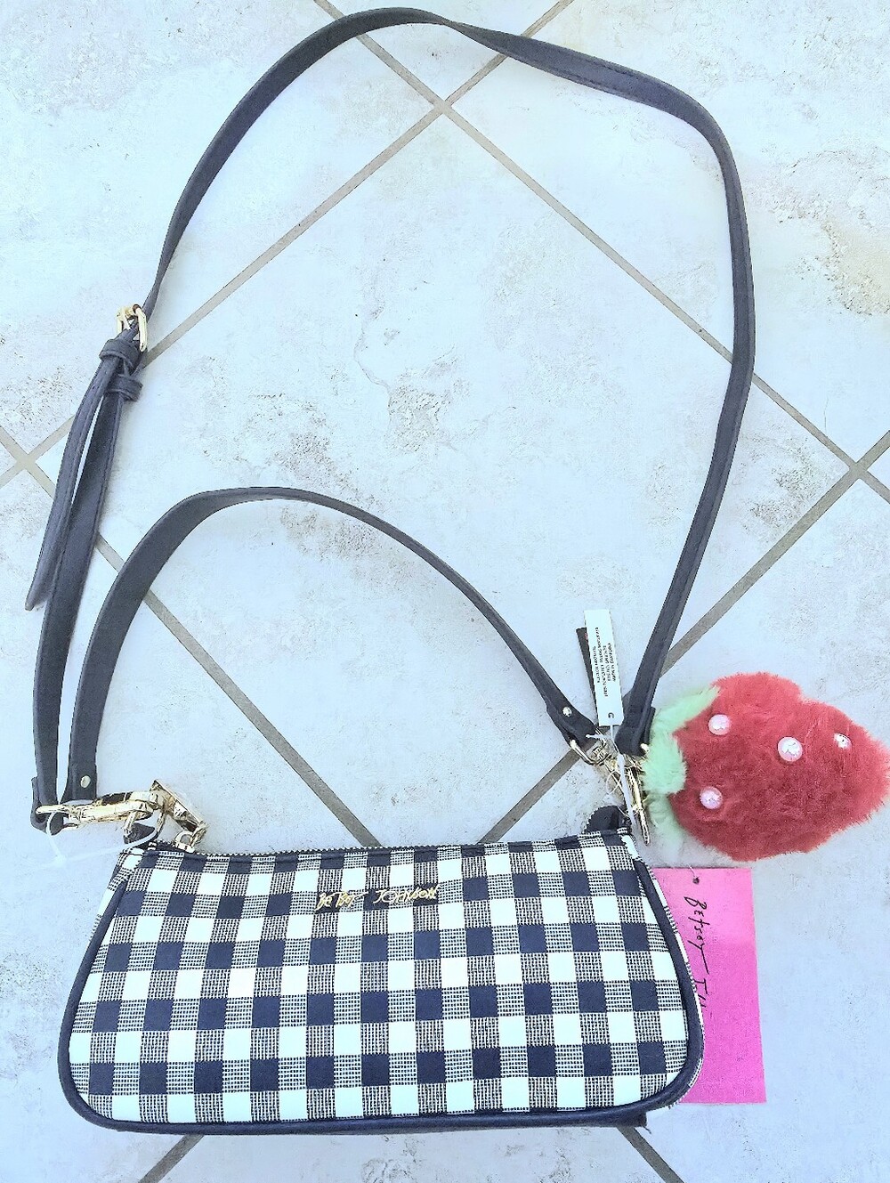 Betsey Johnson Blue & White Gingham  Crossbody with Strawberry Charm